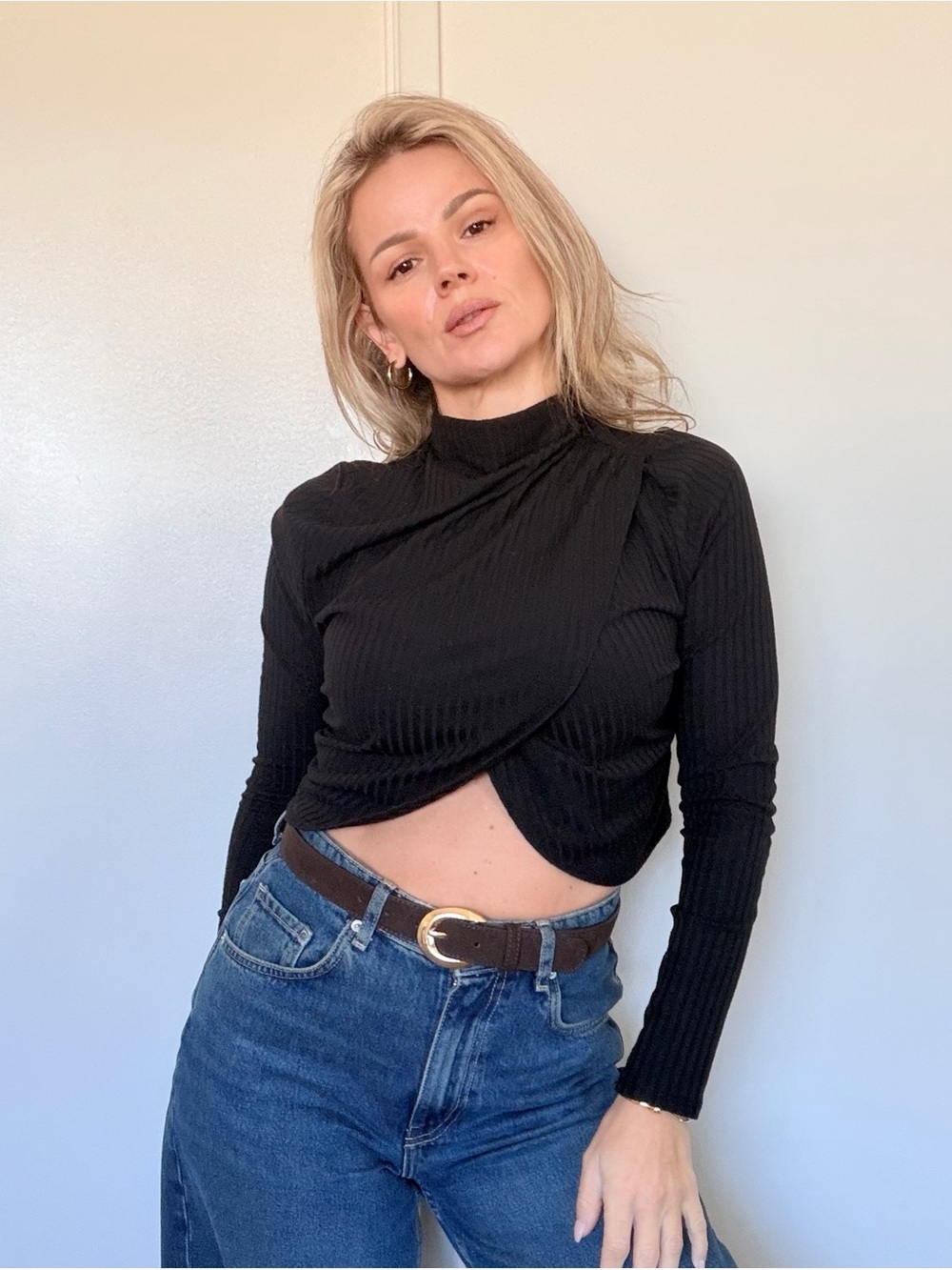 Louna Ribbed Cross Front Turtleneck Sweater Black